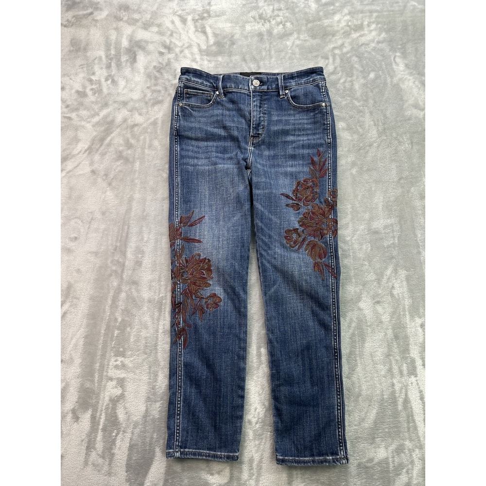 White House Black Market Jeans Sz 6 Blue High Rise Straight Floral Embroidered